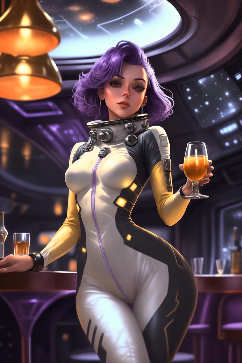 00002-275380220general_rev_1.2.2sp4c3w0m3n a woman with violet hair wearing a skintight white and gold space suit holding a glass standing at the bar in space s_1.png